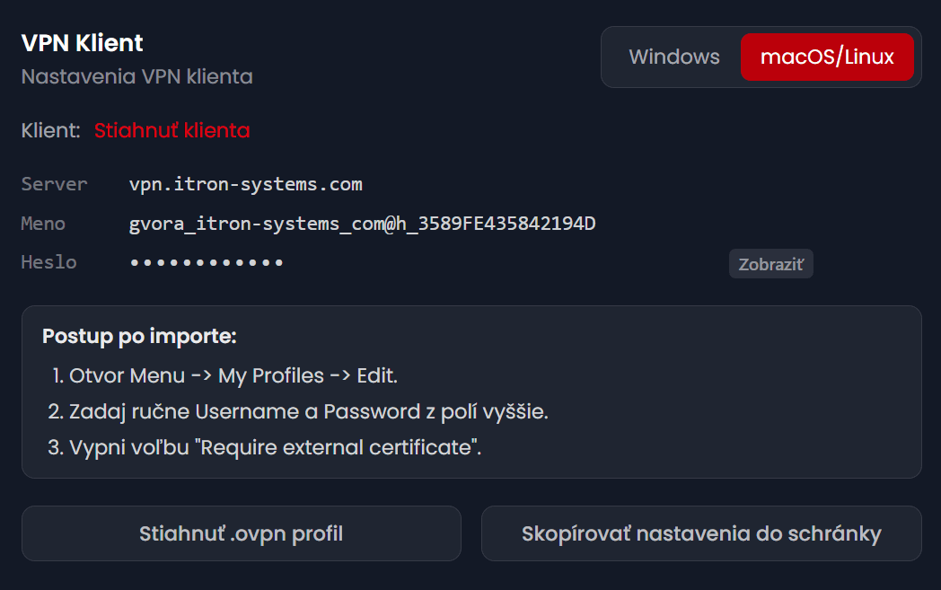 Remote Connect portál – záložka VPN Klient so Server, Meno, Heslo a tlačidlom Stiahnuť .ovpn profil