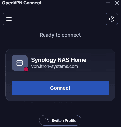 OpenVPN Connect – profil Synology NAS Home pripravený na pripojenie, server remoteconnect.cloud