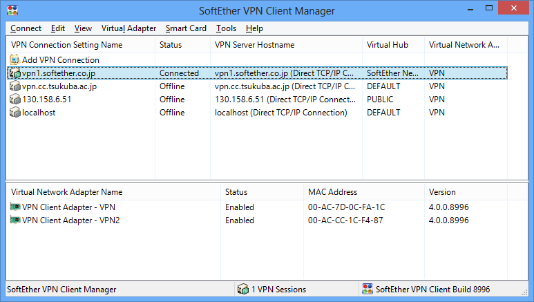 SoftEther VPN Client Manager – zoznam VPN pripojení
